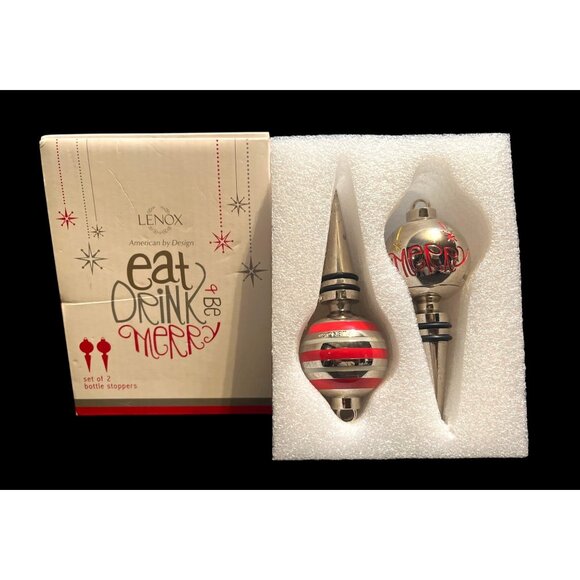 Lenox Eat Drink Be Merry Set Of 2 Bottle Stoppers 4.5" Red & Silver Xmas Decor - Picture 1 of 4